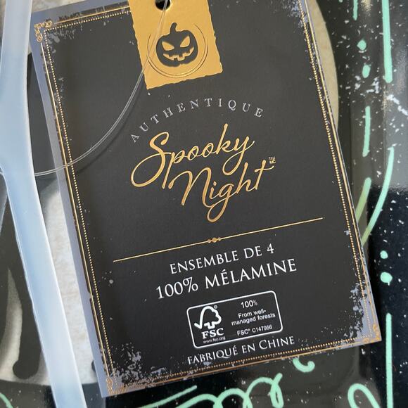 Spooky Night Halloween Melamine Appetizer Plates 5.75in Set Of 4 Black & Orange - Picture 9 of 9